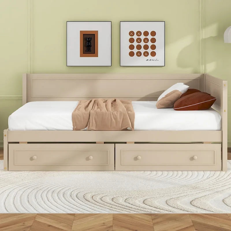 Beige/graues Tagesbett aus Holz in Einzelbettgröße mit Ausziehbett oder Schubladen, Schlafplatz für 1–2 Personen