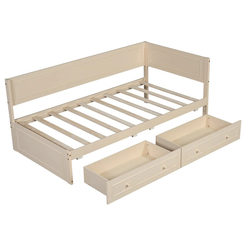 Beige/graues Tagesbett aus Holz in Einzelbettgröße mit Ausziehbett oder Schubladen, Schlafplatz für 1–2 Personen