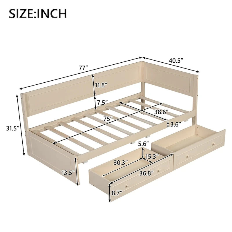 Beige/graues Tagesbett aus Holz in Einzelbettgröße mit Ausziehbett oder Schubladen, Schlafplatz für 1–2 Personen