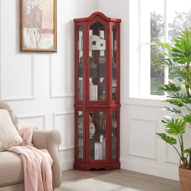 Cherry Corner Curio Cabinet with Glass Doors & Shelves, Lighted, Single-User Assembly