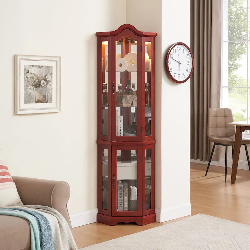 Cherry Corner Curio Cabinet with Glass Doors & Shelves, Lighted, Single-User Assembly