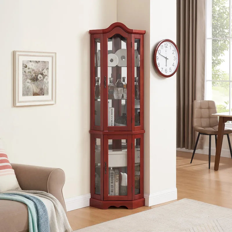 Cherry Corner Curio Cabinet with Glass Doors & Shelves, Lighted, Single-User Assembly