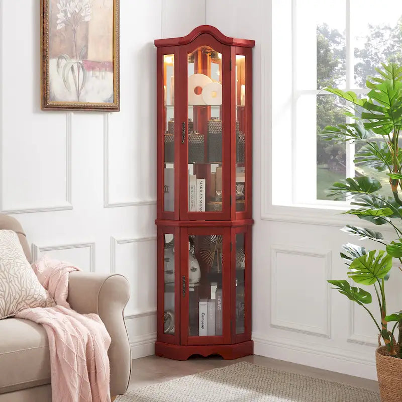 Cherry Corner Curio Cabinet with Glass Doors & Shelves, Lighted, Single-User Assembly