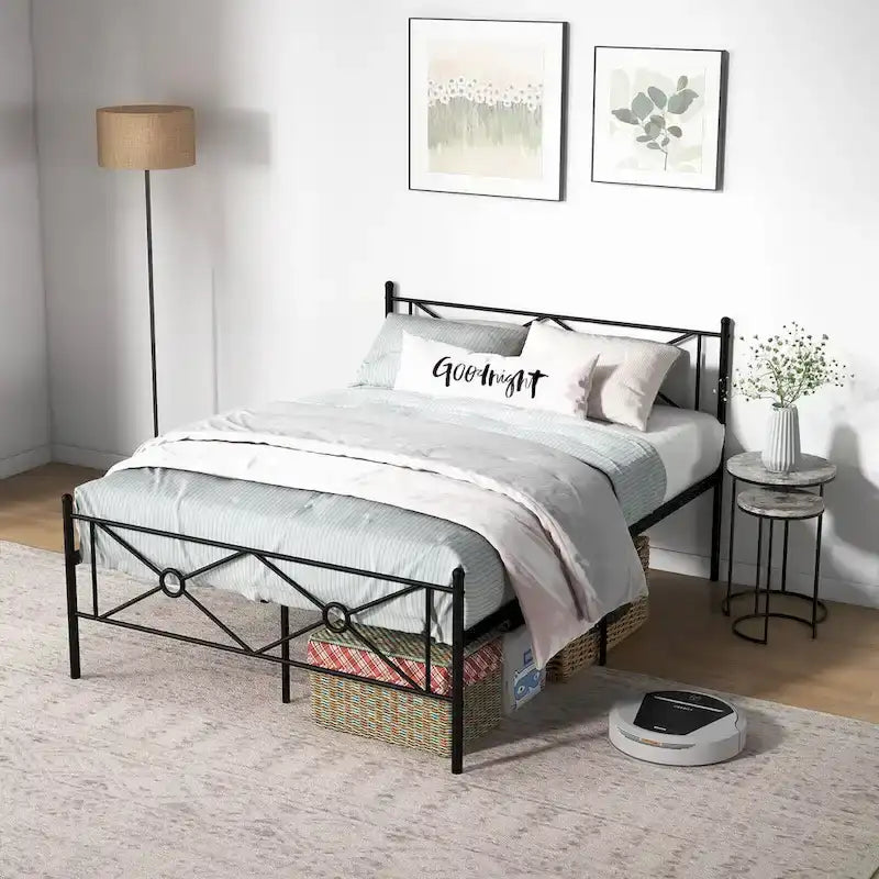Struttura letto a piattaforma in metallo nero con testiera, completo/queen size, 1 persona