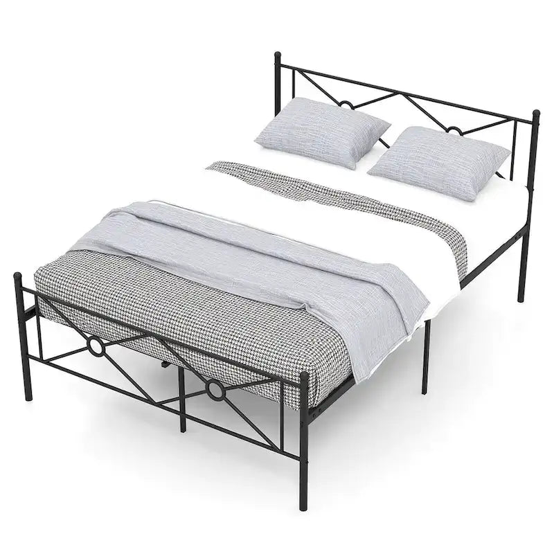 Struttura letto a piattaforma in metallo nero con testiera, completo/queen size, 1 persona