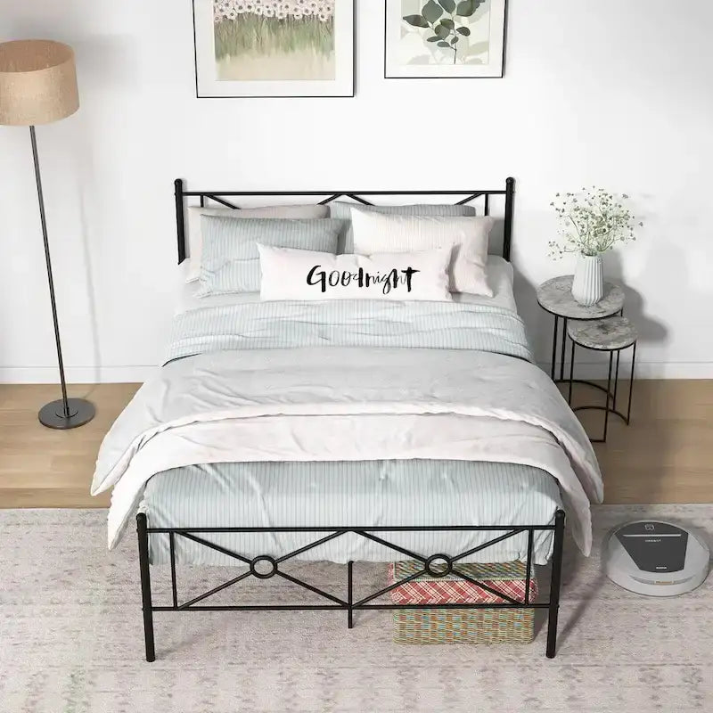 Struttura letto a piattaforma in metallo nero con testiera, completo/queen size, 1 persona