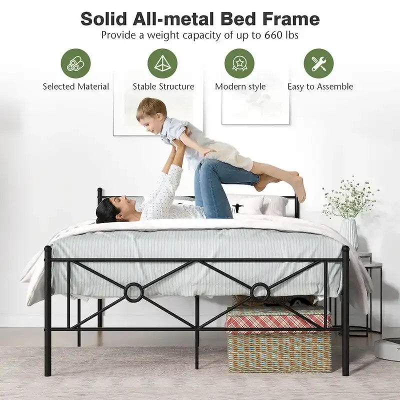 Struttura letto a piattaforma in metallo nero con testiera, completo/queen size, 1 persona
