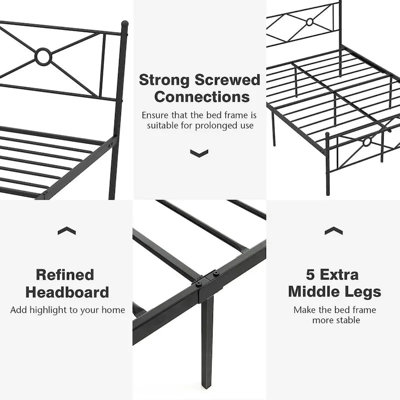 Struttura letto a piattaforma in metallo nero con testiera, completo/queen size, 1 persona