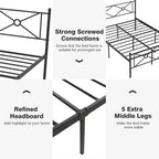 Struttura letto a piattaforma in metallo nero con testiera, completo/queen size, 1 persona