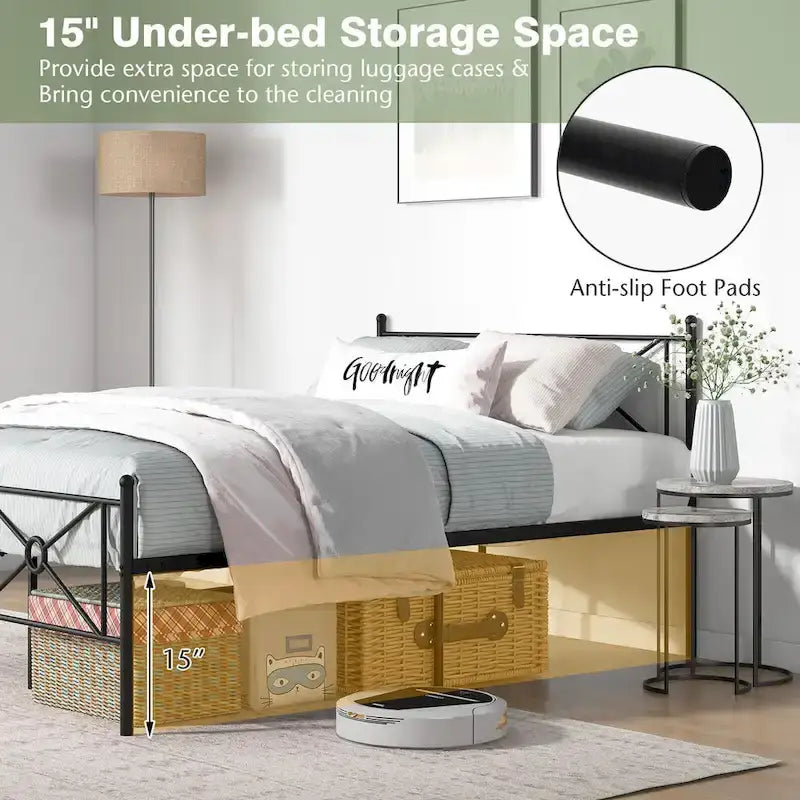 Struttura letto a piattaforma in metallo nero con testiera, completo/queen size, 1 persona
