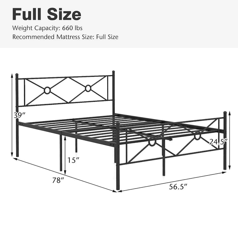 Struttura letto a piattaforma in metallo nero con testiera, completo/queen size, 1 persona