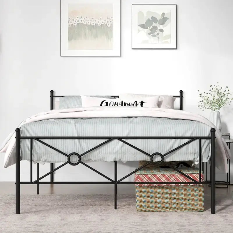 Struttura letto a piattaforma in metallo nero con testiera, completo/queen size, 1 persona