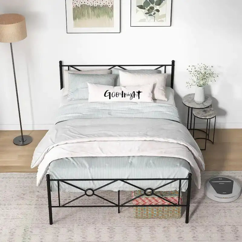 Struttura letto a piattaforma in metallo nero con testiera, completo/queen size, 1 persona