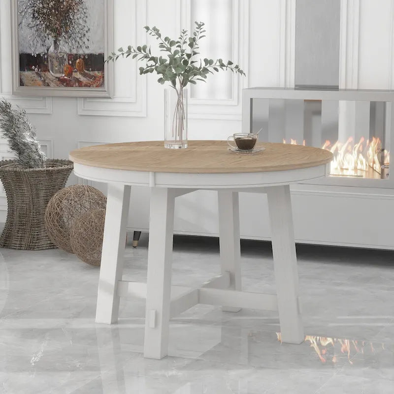 Round Extendable Dining Table, Oak/Antique White or Wood Wash, Seats 4–6