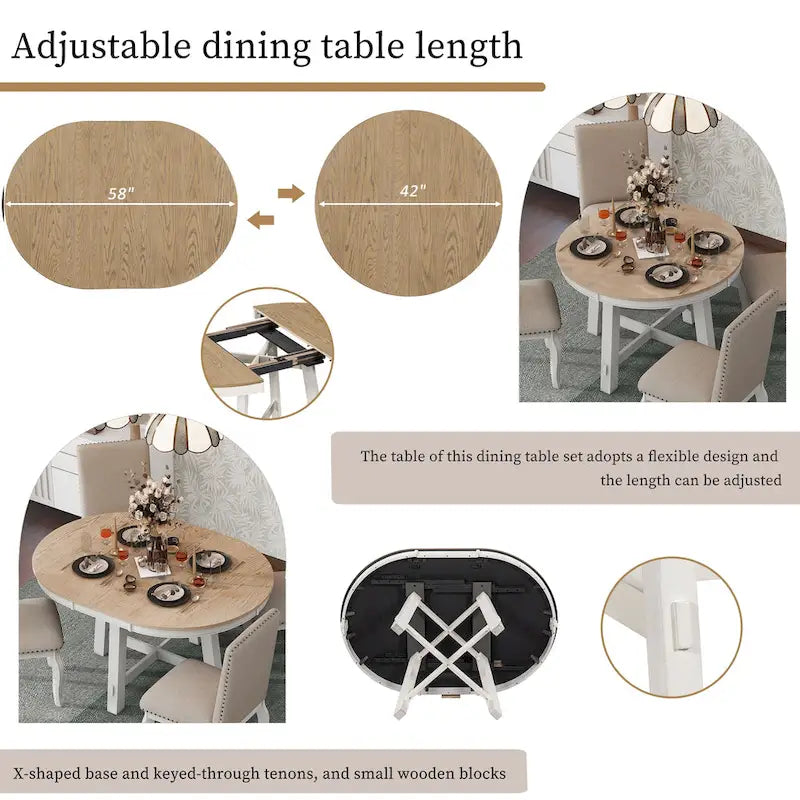 Round Extendable Dining Table, Oak/Antique White or Wood Wash, Seats 4–6