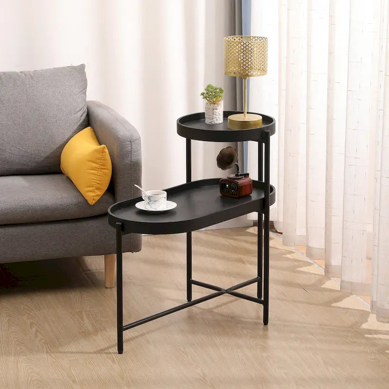 Black 2-Tier Side Table, Metal Frame & Wood Shelf, 1-Person Assembly