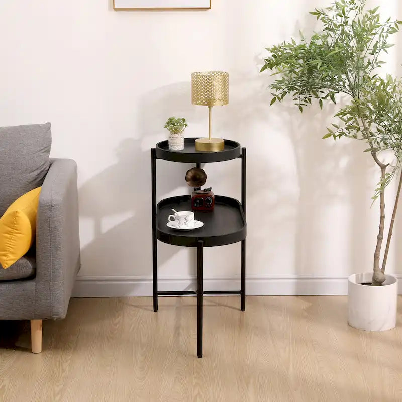 Black 2-Tier Side Table, Metal Frame & Wood Shelf, 1-Person Assembly