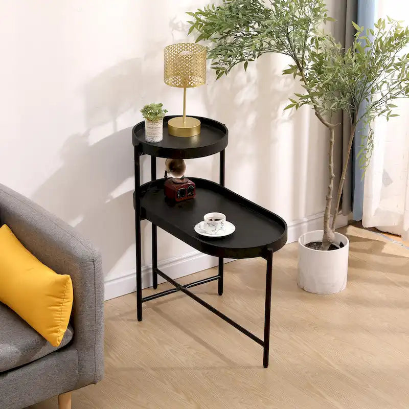 Black 2-Tier Side Table, Metal Frame & Wood Shelf, 1-Person Assembly