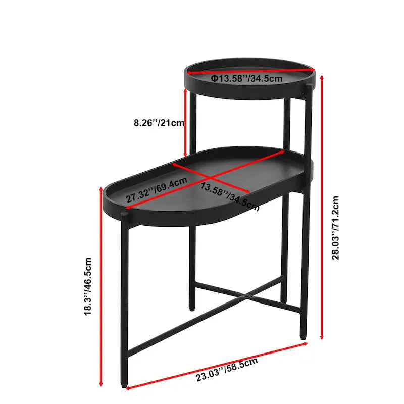 Black 2-Tier Side Table, Metal Frame & Wood Shelf, 1-Person Assembly