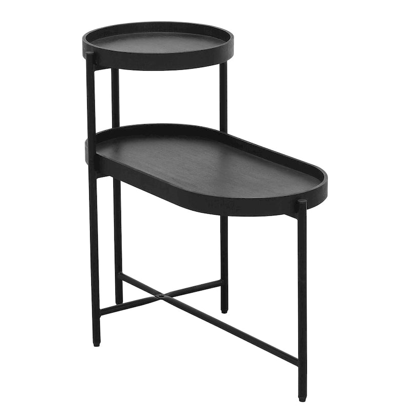 Black 2-Tier Side Table, Metal Frame & Wood Shelf, 1-Person Assembly