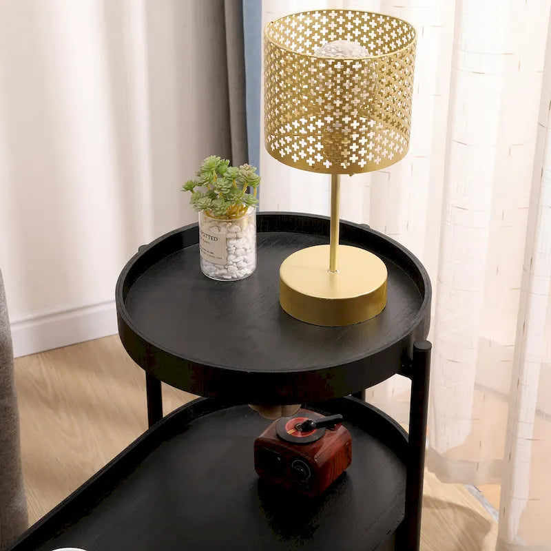 Black 2-Tier Side Table, Metal Frame & Wood Shelf, 1-Person Assembly