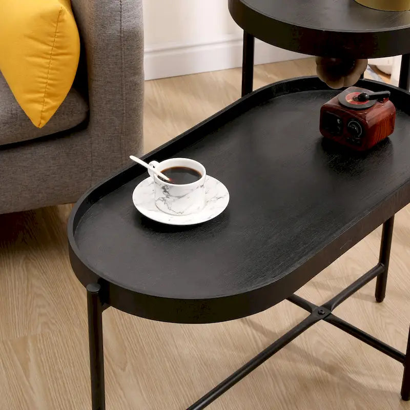 Black 2-Tier Side Table, Metal Frame & Wood Shelf, 1-Person Assembly