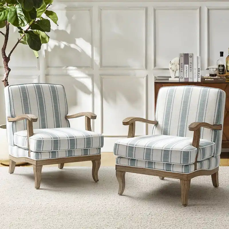 Poltrona d'accento in stile rustico grigio/a righe/blu/beige, poliestere e legno massello, set da 2