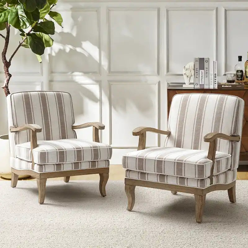 Poltrona d'accento in stile rustico grigio/a righe/blu/beige, poliestere e legno massello, set da 2