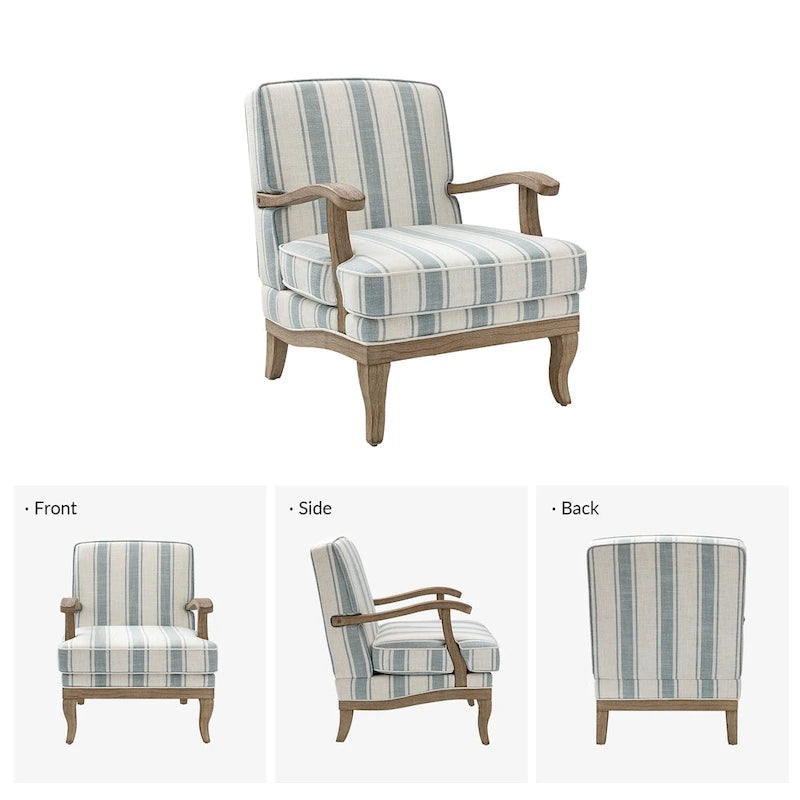 Poltrona d'accento in stile rustico grigio/a righe/blu/beige, poliestere e legno massello, set da 2