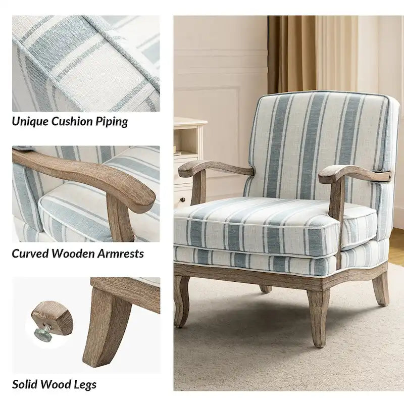 Poltrona d'accento in stile rustico grigio/a righe/blu/beige, poliestere e legno massello, set da 2