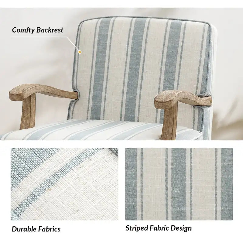 Boerderijstijl accentfauteuil in grijs/strepen/blauw/beige, polyester en massief hout, set van 2