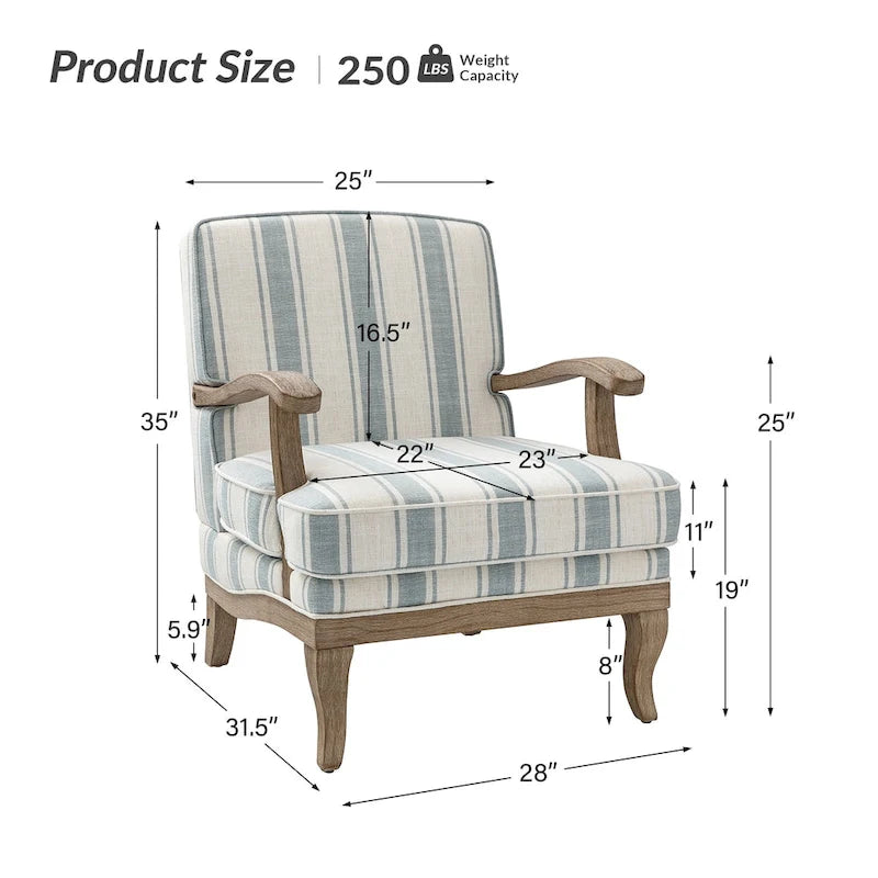 Boerderijstijl accentfauteuil in grijs/strepen/blauw/beige, polyester en massief hout, set van 2