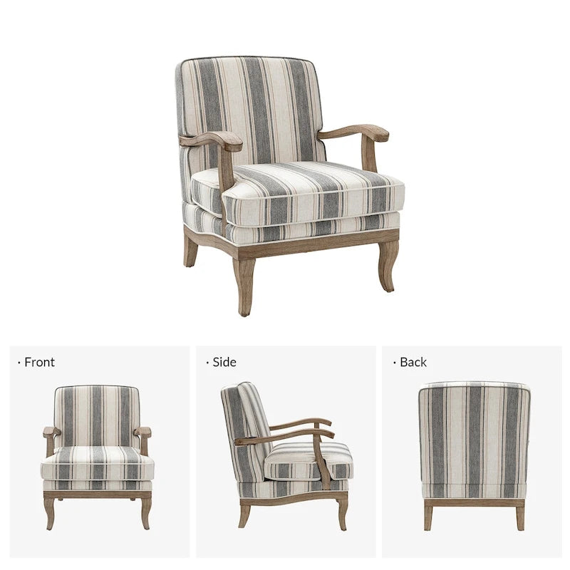 Boerderijstijl accentfauteuil in grijs/strepen/blauw/beige, polyester en massief hout, set van 2