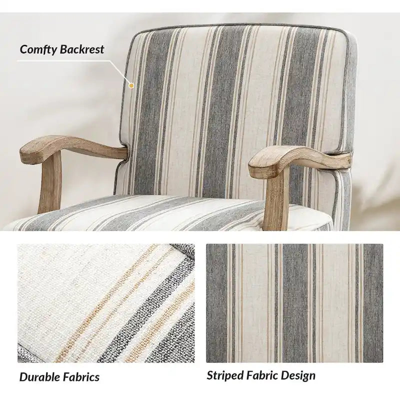 Boerderijstijl accentfauteuil in grijs/strepen/blauw/beige, polyester en massief hout, set van 2