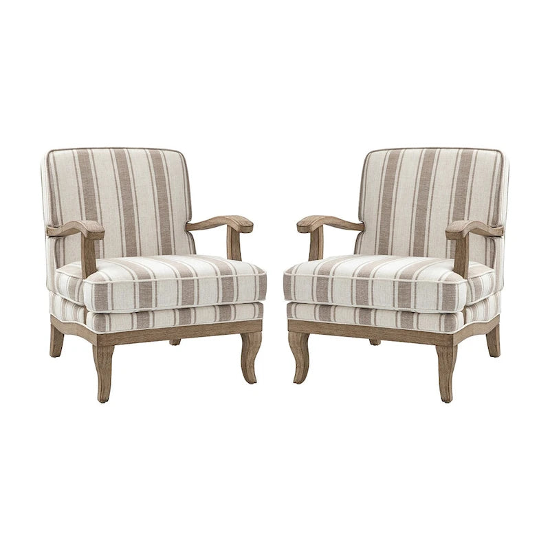 Boerderijstijl accentfauteuil in grijs/strepen/blauw/beige, polyester en massief hout, set van 2