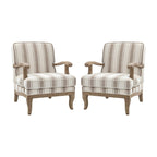 Boerderijstijl accentfauteuil in grijs/strepen/blauw/beige, polyester en massief hout, set van 2