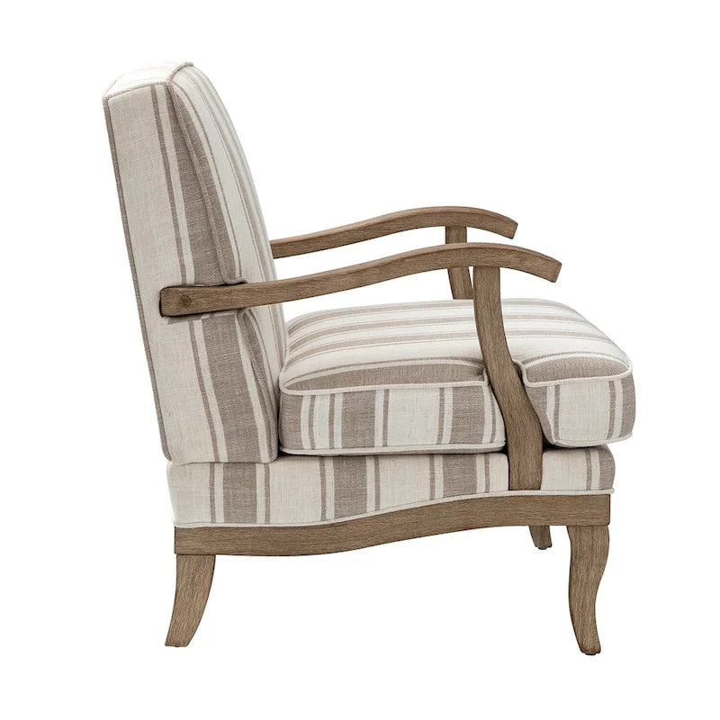 Boerderijstijl accentfauteuil in grijs/strepen/blauw/beige, polyester en massief hout, set van 2