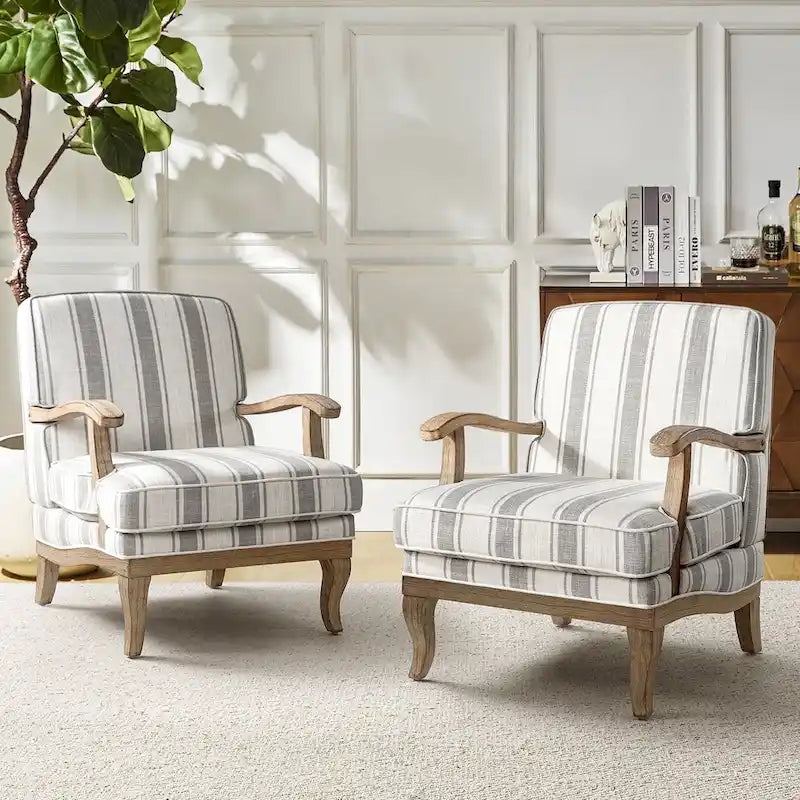 Boerderijstijl accentfauteuil in grijs/strepen/blauw/beige, polyester en massief hout, set van 2
