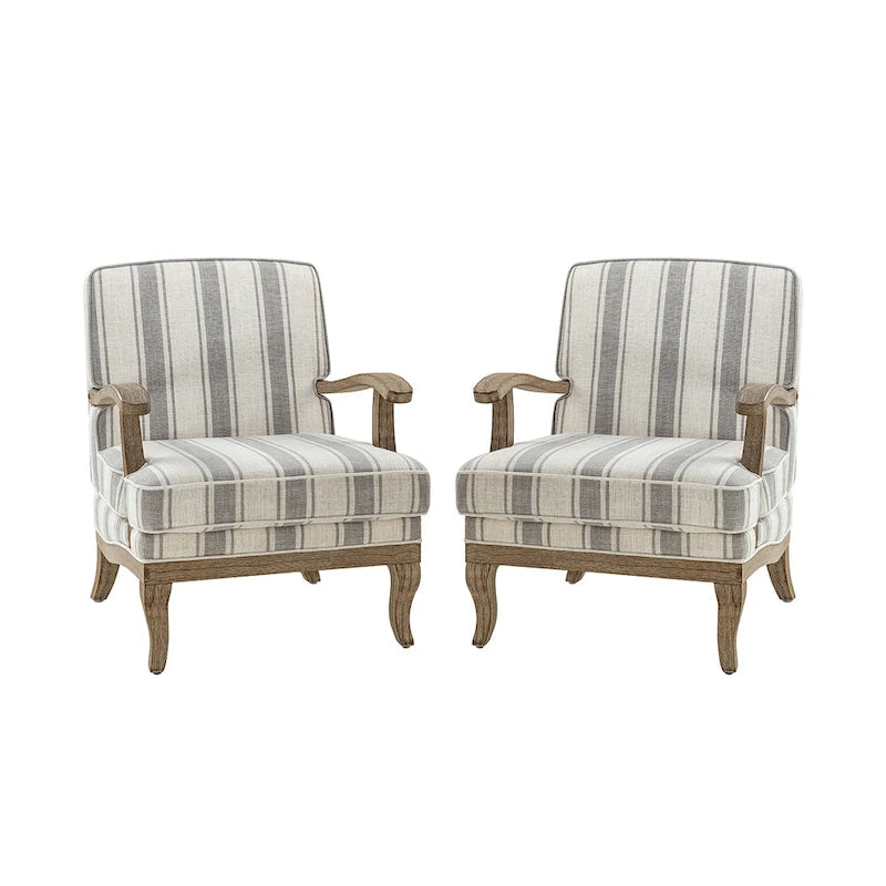 Boerderijstijl accentfauteuil in grijs/strepen/blauw/beige, polyester en massief hout, set van 2