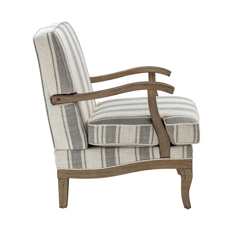 Boerderijstijl accentfauteuil in grijs/strepen/blauw/beige, polyester en massief hout, set van 2