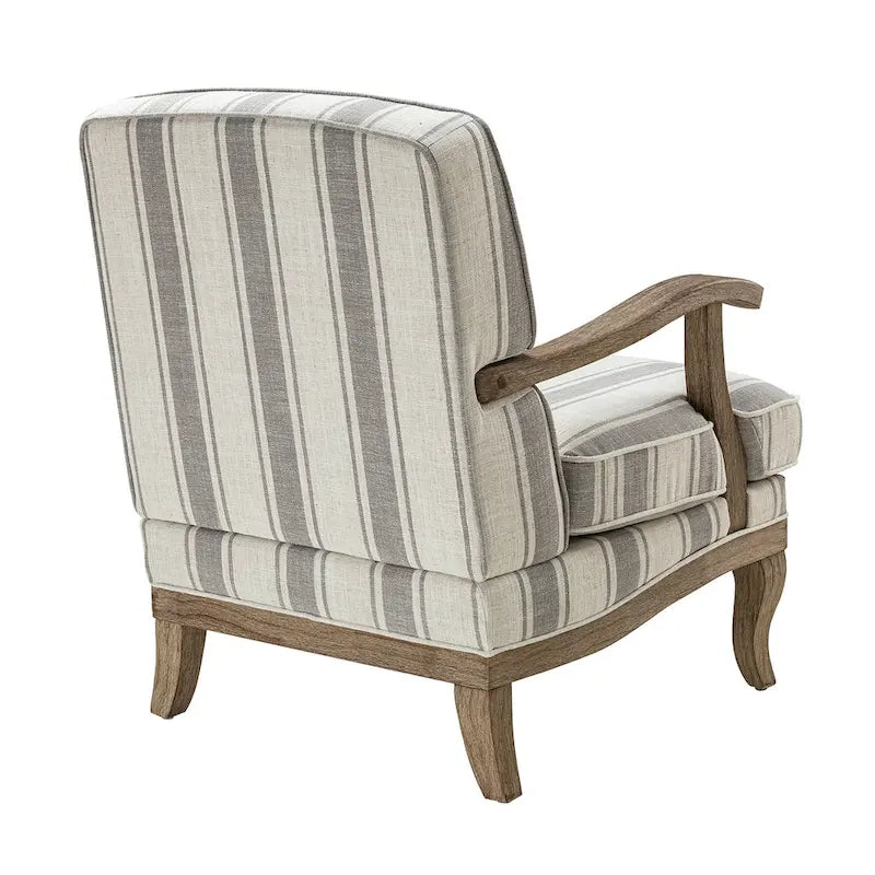 Boerderijstijl accentfauteuil in grijs/strepen/blauw/beige, polyester en massief hout, set van 2