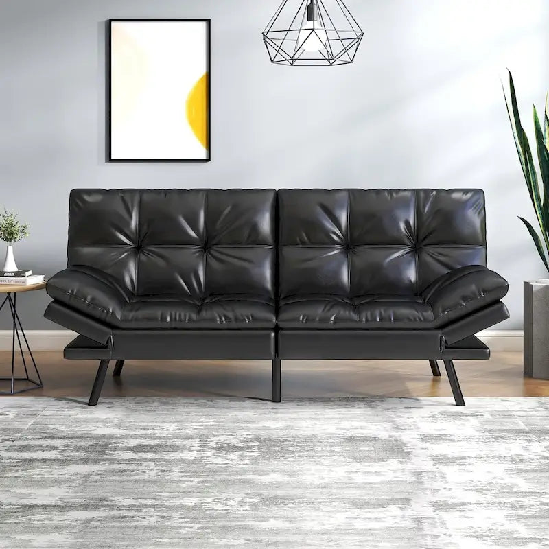 Black/Brown Faux Leather Convertible Futon Sofa Bed, Adjustable Splitback, Twin Size, 2-Person