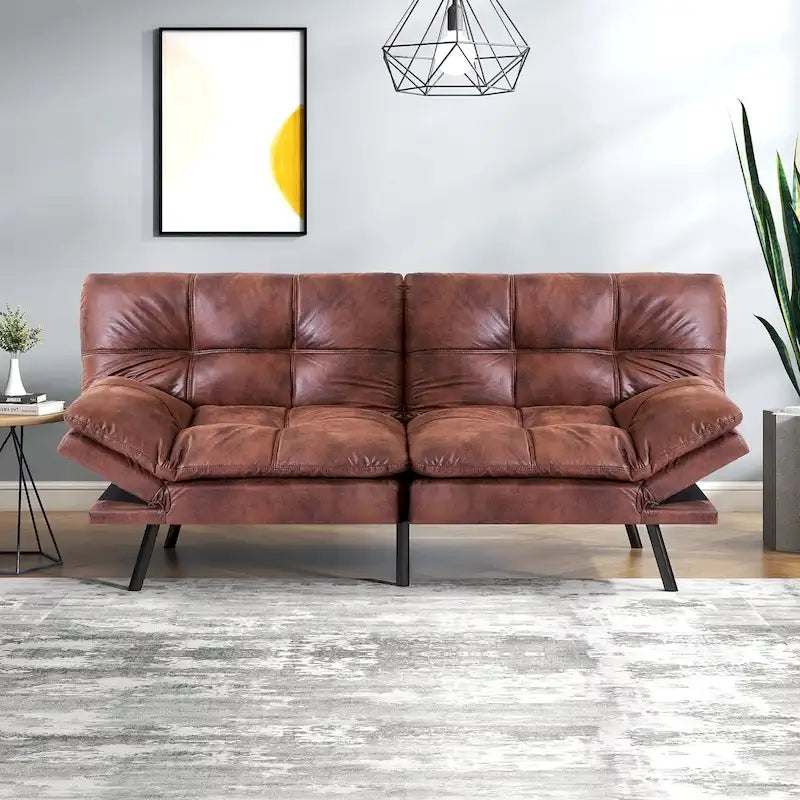 Black/Brown Faux Leather Convertible Futon Sofa Bed, Adjustable Splitback, Twin Size, 2-Person