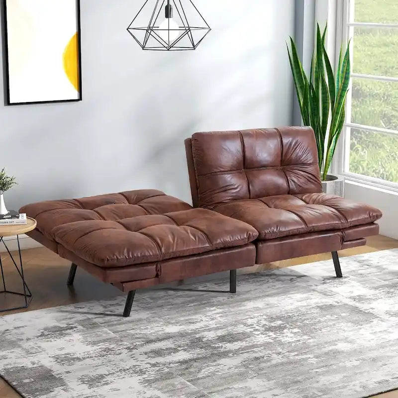 Black/Brown Faux Leather Convertible Futon Sofa Bed, Adjustable Splitback, Twin Size, 2-Person