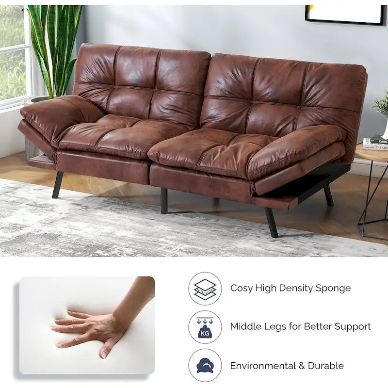 Black/Brown Faux Leather Convertible Futon Sofa Bed, Adjustable Splitback, Twin Size, 2-Person