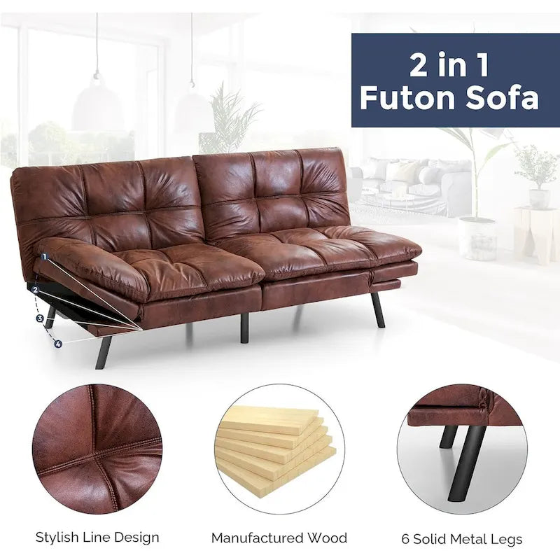 Divano letto futon trasformabile in similpelle Nero/Marrone, schienale sdoppiato regolabile, matrimoniale, per 2 persone