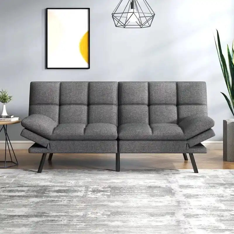 Divano letto futon trasformabile in similpelle Nero/Marrone, schienale sdoppiato regolabile, matrimoniale, per 2 persone