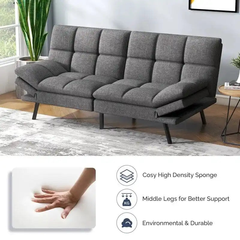 Divano letto futon trasformabile in similpelle Nero/Marrone, schienale sdoppiato regolabile, matrimoniale, per 2 persone