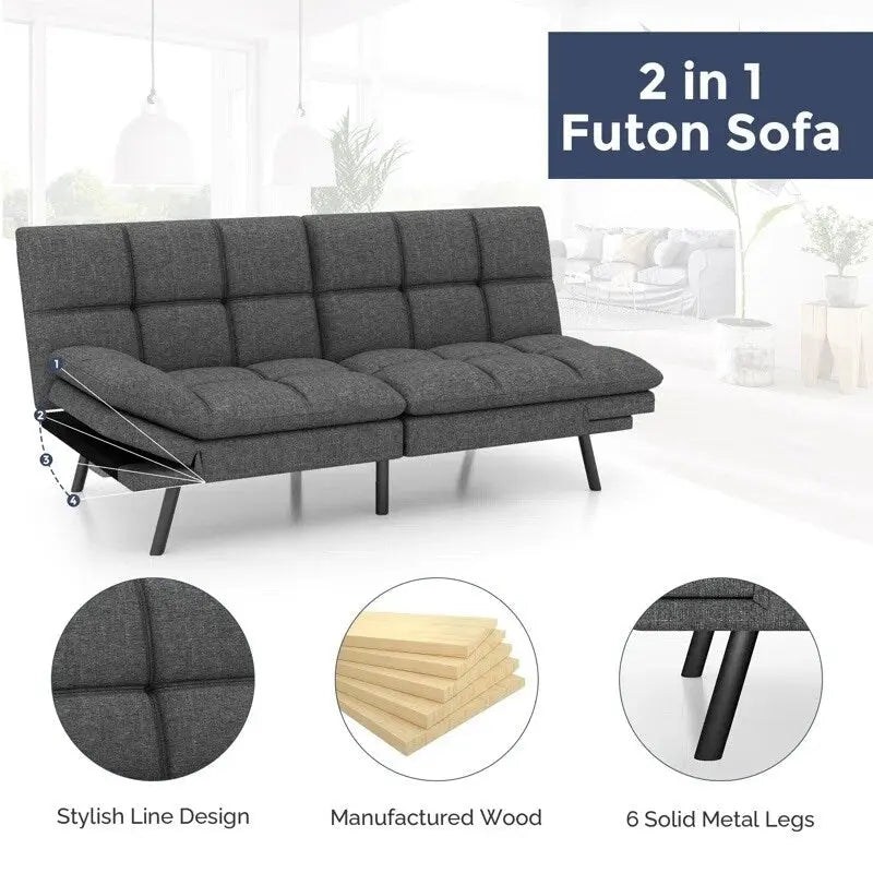 Divano letto futon trasformabile in similpelle Nero/Marrone, schienale sdoppiato regolabile, matrimoniale, per 2 persone