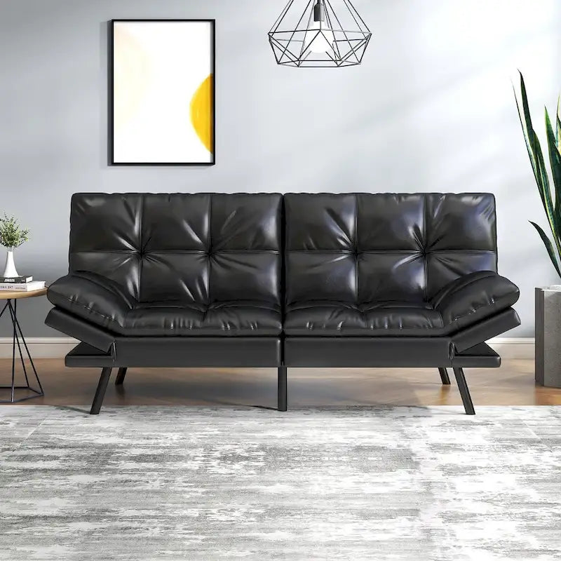 Divano letto futon trasformabile in similpelle Nero/Marrone, schienale sdoppiato regolabile, matrimoniale, per 2 persone